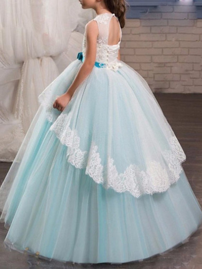 A-Line Floor Length Pageant Flower Girl Dresses - Tulle Sleeveless Jewel Neck With Lace / Bow(S)
