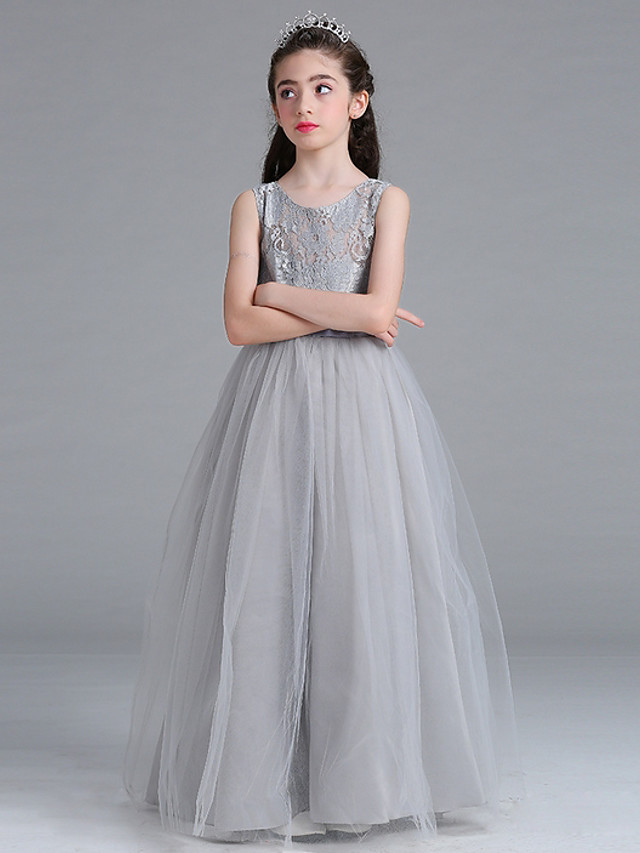 Long Floor Length Tulle Lace Junior Bridesmaid Dress A-line Flower Girl Dresses