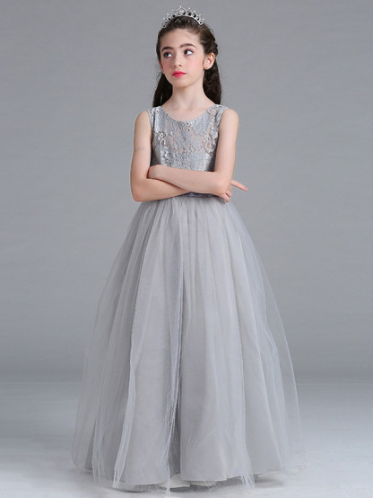 Long Floor Length Tulle Lace Junior Bridesmaid Dress A-line Flower Girl Dresses