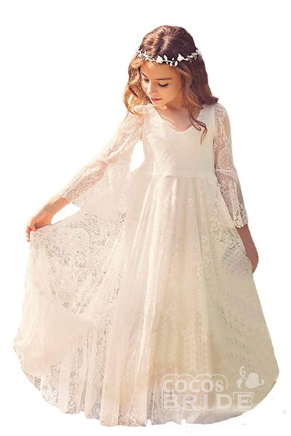 White Scoop Neck Long Sleeves Dress Flower Girls Dress