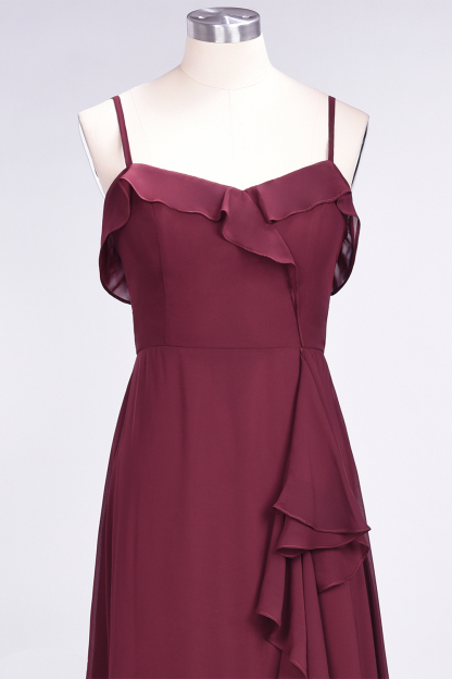 Spaghetti Straps A-Line Chiffon Backless Floor-length Prom Dress With Ruffles