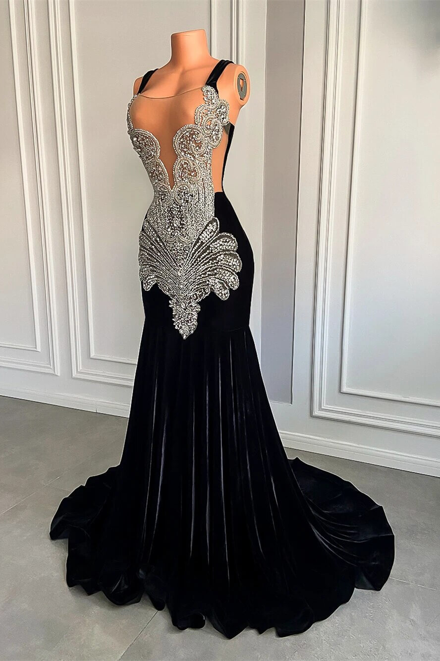 Long Velvet Appliques Spaghetti Straps Mermaid Prom Dress with Beads