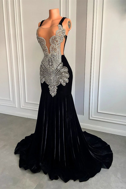 Long Velvet Appliques Spaghetti Straps Mermaid Prom Dress with Beads