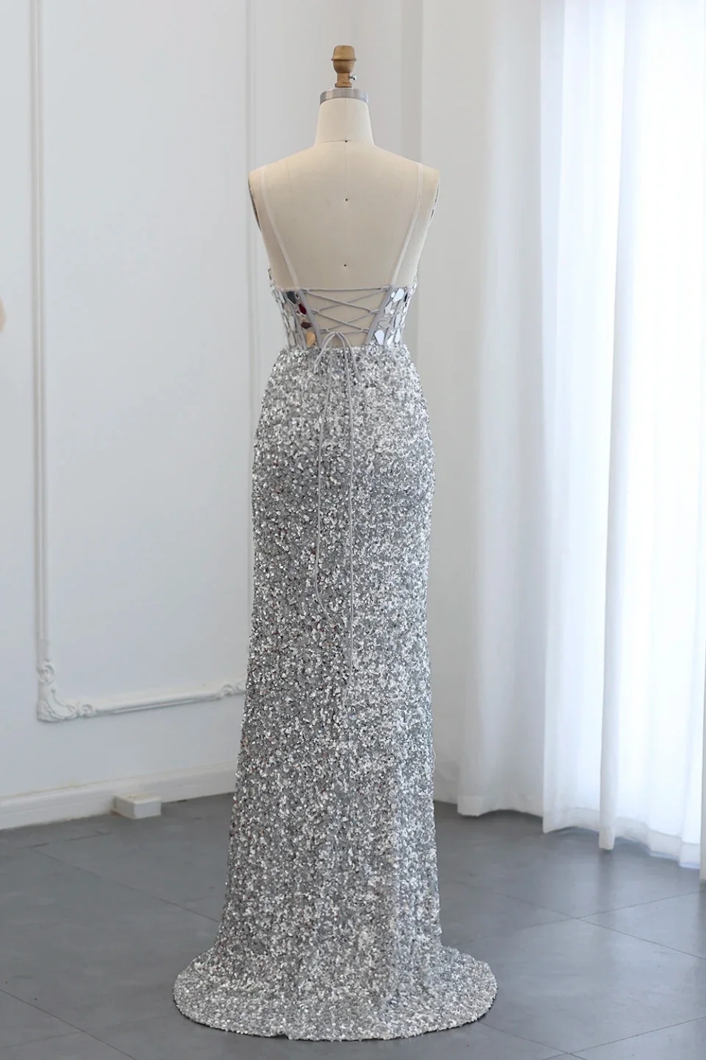 Sparkly Spaghetti Straps Mermaid Backless Split Front Prom Dress with Sequins