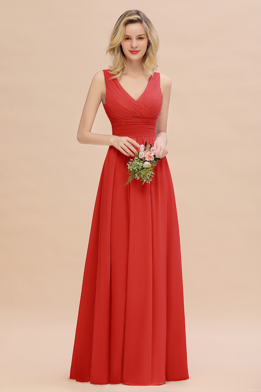 Elegant A-line V-Neck Ruffles Long Bridesmaid Dress