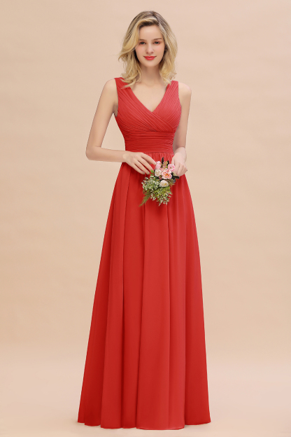 Elegant A-line V-Neck Ruffles Long Bridesmaid Dress