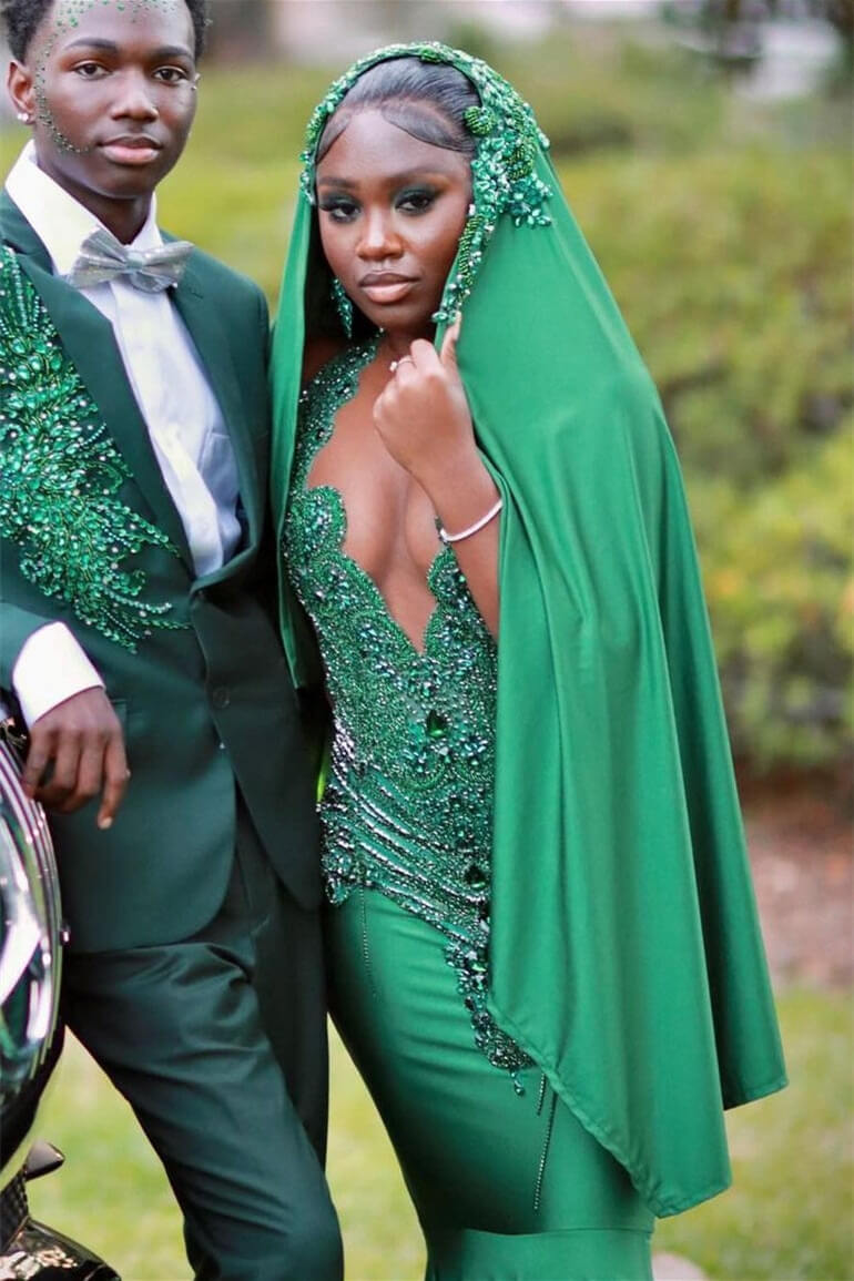 Dark Green Long Mermaid Satin Beaded Halter Prom Dresses