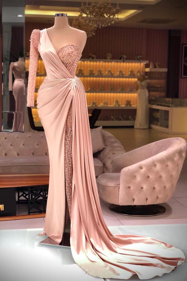 open lace back dress Blush Pink Prom Dress One Shoulder Minimalist Sheath/Column Stretch Satin  Long Prom Dress main image 0