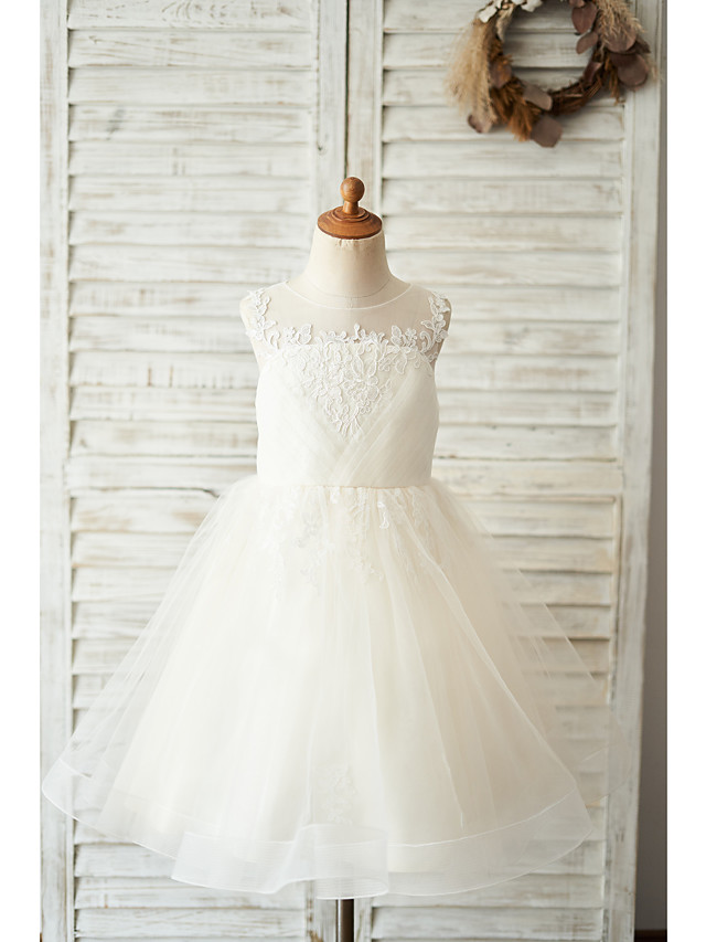 Ball Gown Knee Length Tulle Birthday Flower Girl Dresses with Appliques Lace