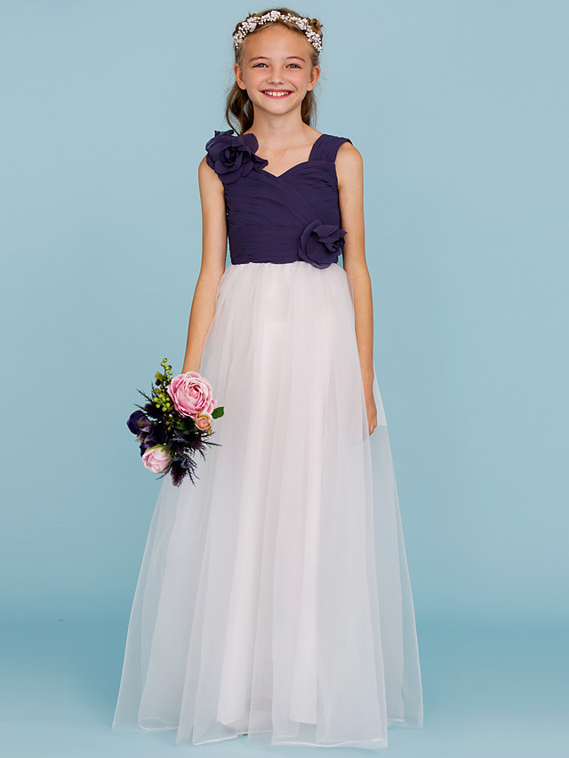 Princess / A-Line Straps Floor Length Chiffon / Tulle Junior Bridesmaid Dress With Criss Cross / Ruched / Flower / Color Block / Floral / Wedding Party