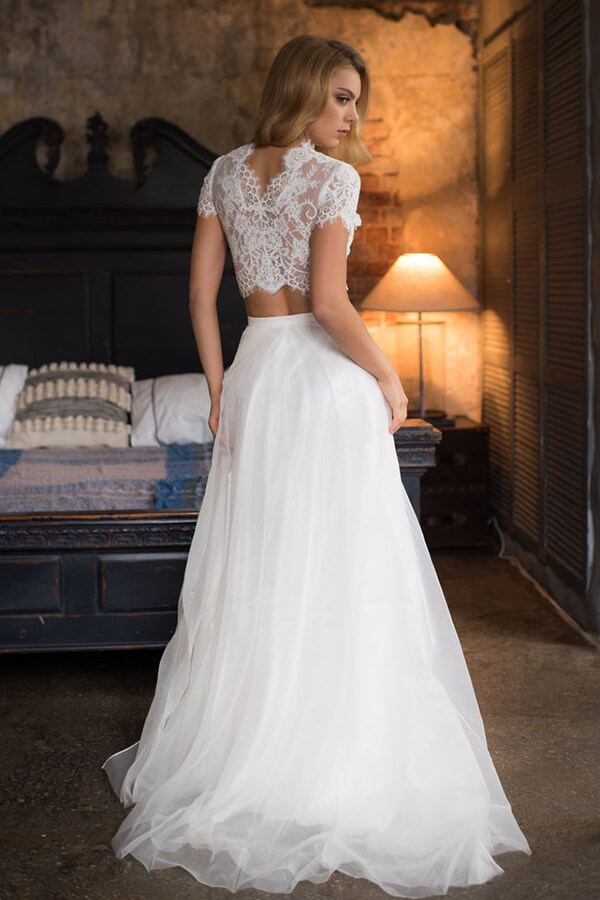 Long A-line Lace Tulle Two Piece Wedding Dress