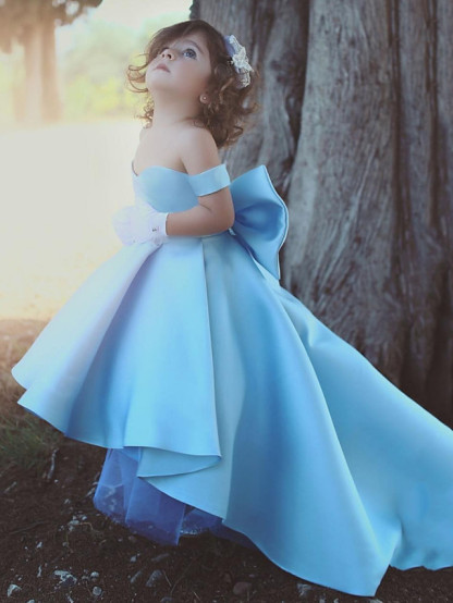 High Low Ball Gown Off the Shoulder Satin Wedding Flower Girl Dresses with Bow