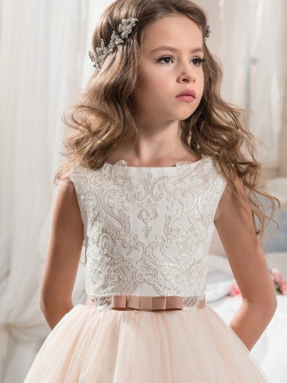 Long A-line Tulle Sleeveless Jewel Neck Flower Girl Dresses with Bows