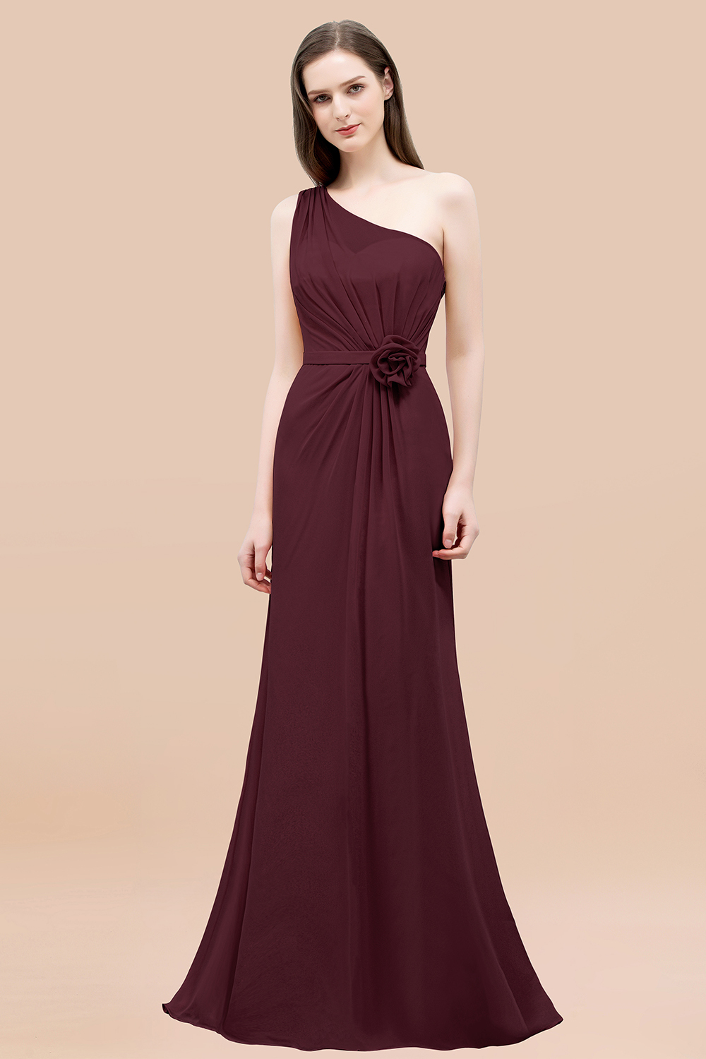 Mermaid Chiffon One-shoulder Sleeveless Ruffled Floor-Length Bridesmaid Dresses with Flower