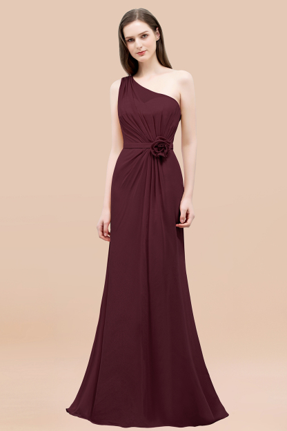 Mermaid Chiffon One-shoulder Sleeveless Ruffled Floor-Length Bridesmaid Dresses with Flower
