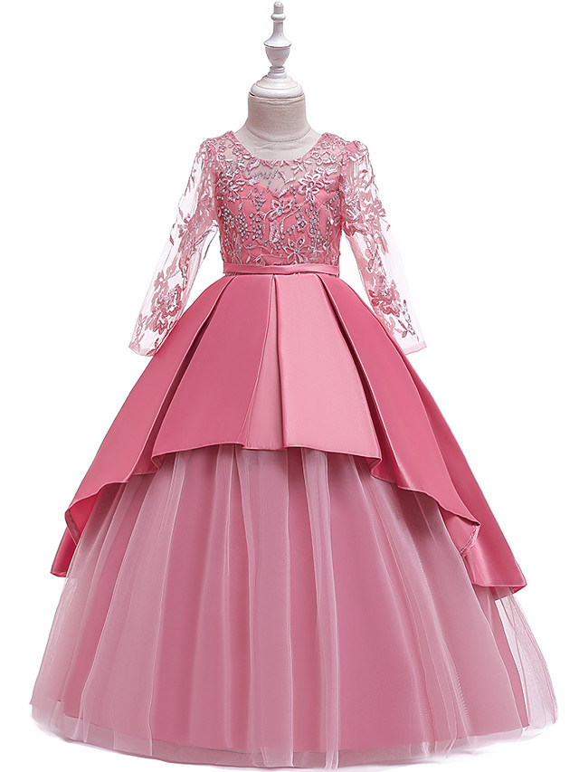 Princess Floor Length Wedding / Party / Pageant Flower Girl Dresses - Lace / Satin / Tulle Long Sleeve Jewel Neck With Lace / Belt / Crystals