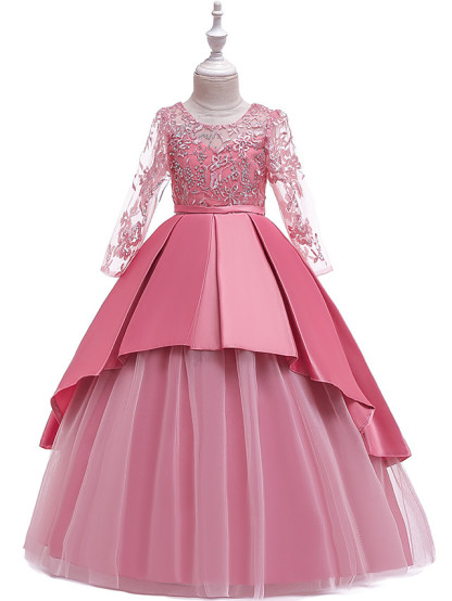 Princess Floor Length Wedding / Party / Pageant Flower Girl Dresses - Lace / Satin / Tulle Long Sleeve Jewel Neck With Lace / Belt / Crystals