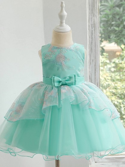 Princess / Ball Gown Knee Length Wedding / Party Flower Girl Dresses - Tulle Sleeveless Jewel Neck With Bow(S) / Tier