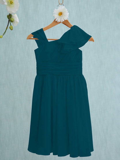 Sheath / Column Straps Knee Length Chiffon Junior Bridesmaid Dress With Ruffles / Side Draping / Natural