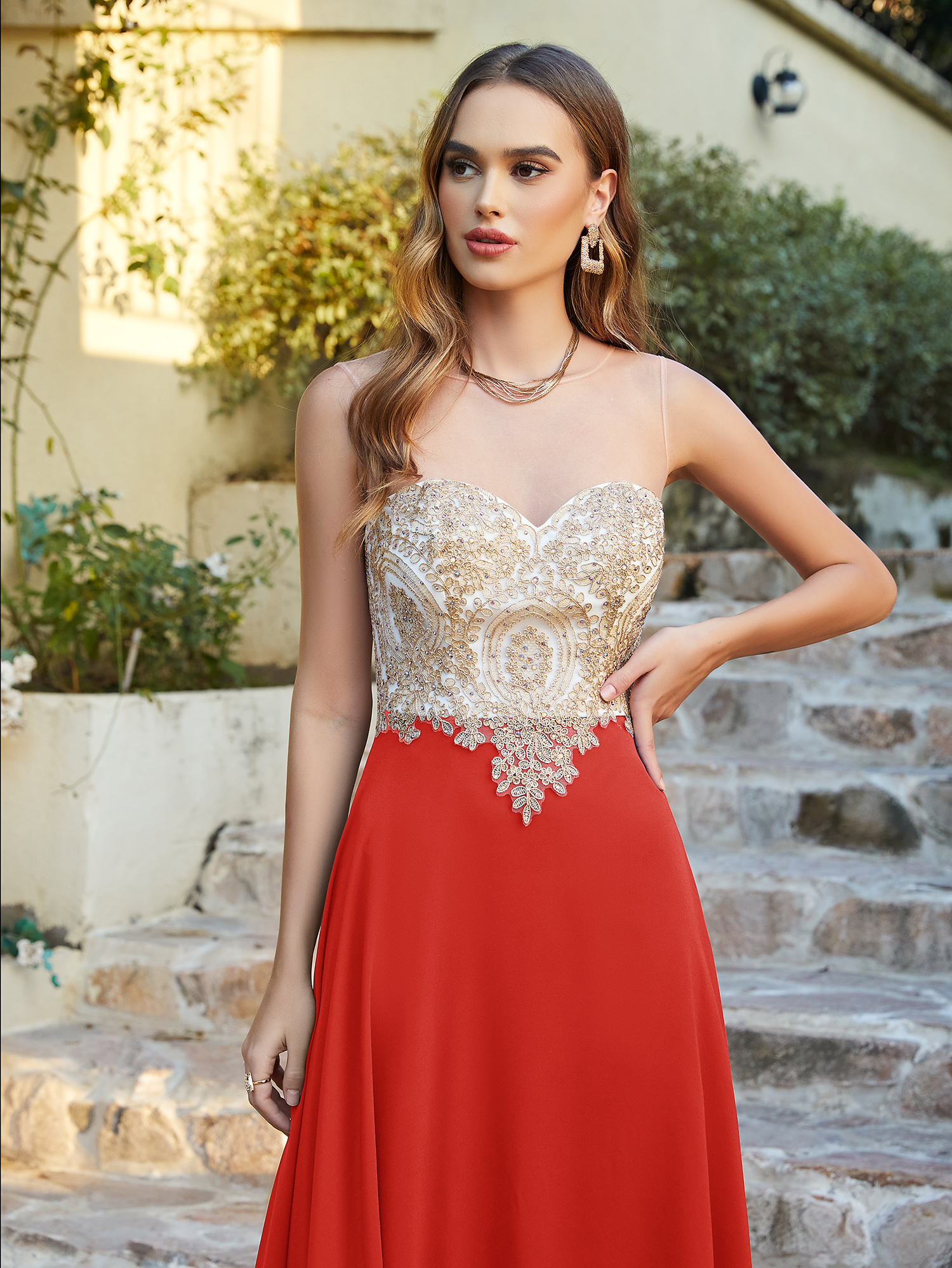 Elegant Long A-line Chiffon Sleeveless Tulle Lace Appliques Prom Dress