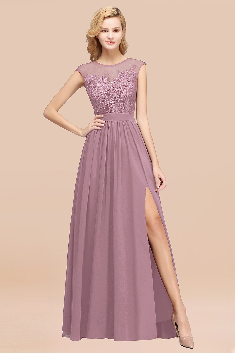 A-line Chiffon Lace Jewel Sleeveless Floor-Length Bridesmaid Dresses with Appliques