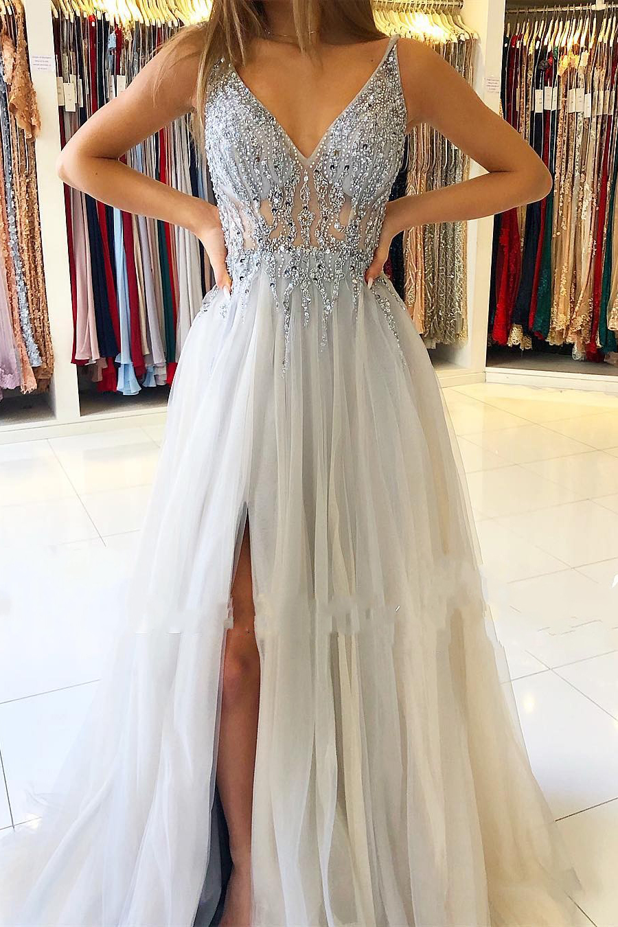 Stylish Long V-neck Beading A-Line Ruffles Prom Dress With Slit