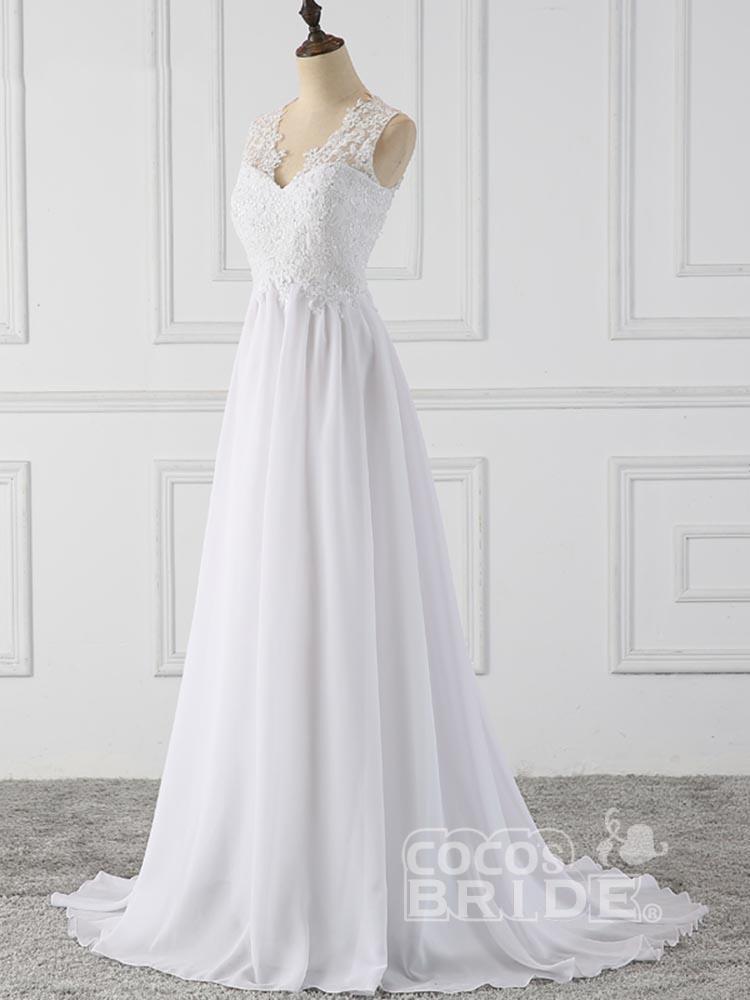 Elegant Long Chiffon V-Neck Sleeveless Covered Button Ruffles Wedding Dresses