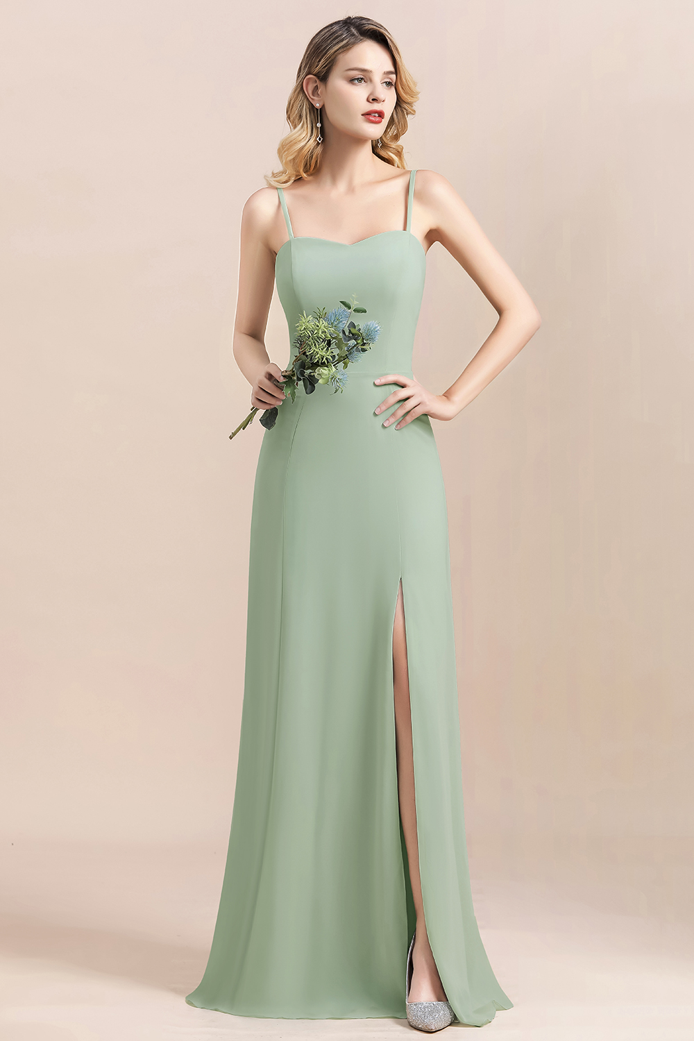 Romantic Sage Garden Dress Spaghetti Straps A-Line Chiffon Bridesmaid Dress With Side Slit