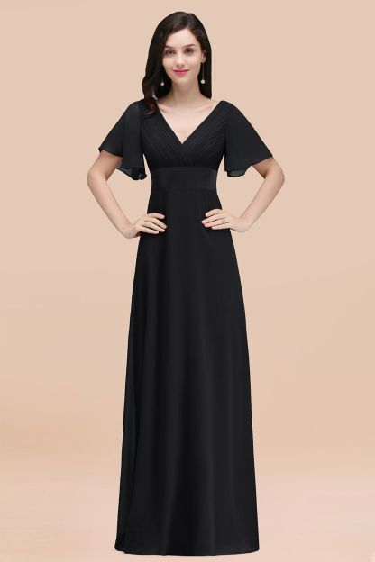 Simple A-Line Chiffon V-Neck Short-Sleeves Ruffles Floor-Length Bridesmaid Dresses
