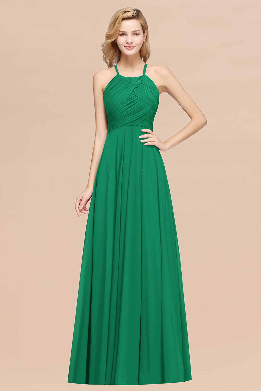 A-Line Chiffon Halter Ruffles Floor-Length Bridesmaid Dress