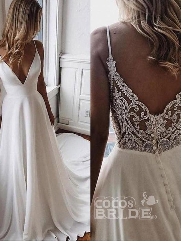 Simple V Neck Chiffon A Line Covered Button Boho Wedding Dresses