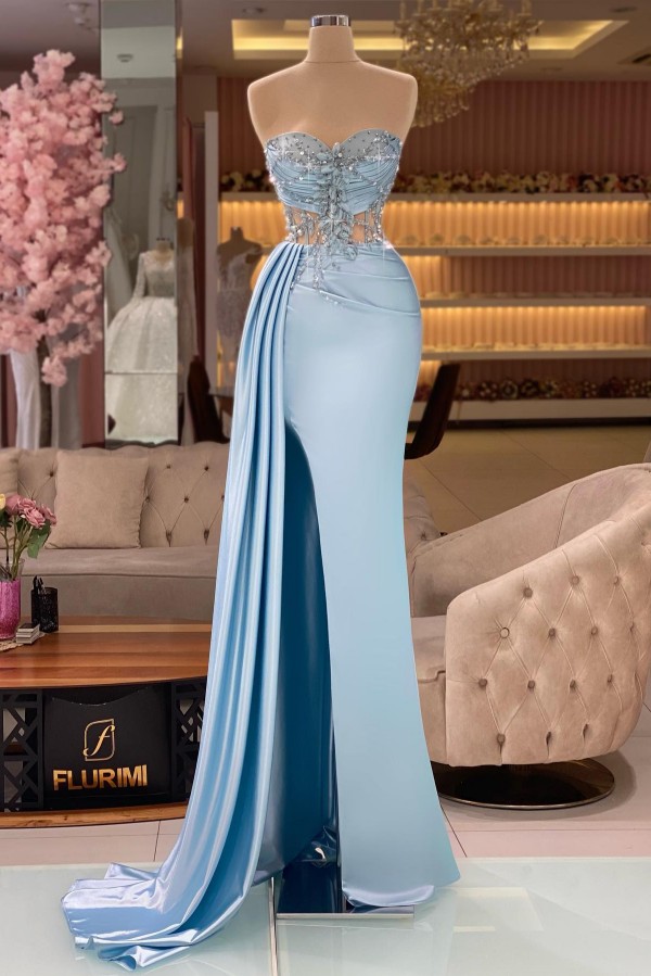 Gorgeous Sweetheart Strapless Satin Beading Long Prom Dress with Front Split