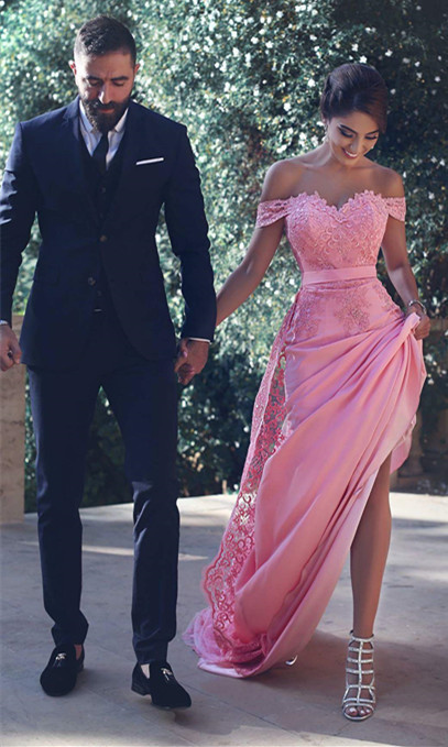 Chic Long A-Line Off-the-Shoulder Lace Prom Dresses