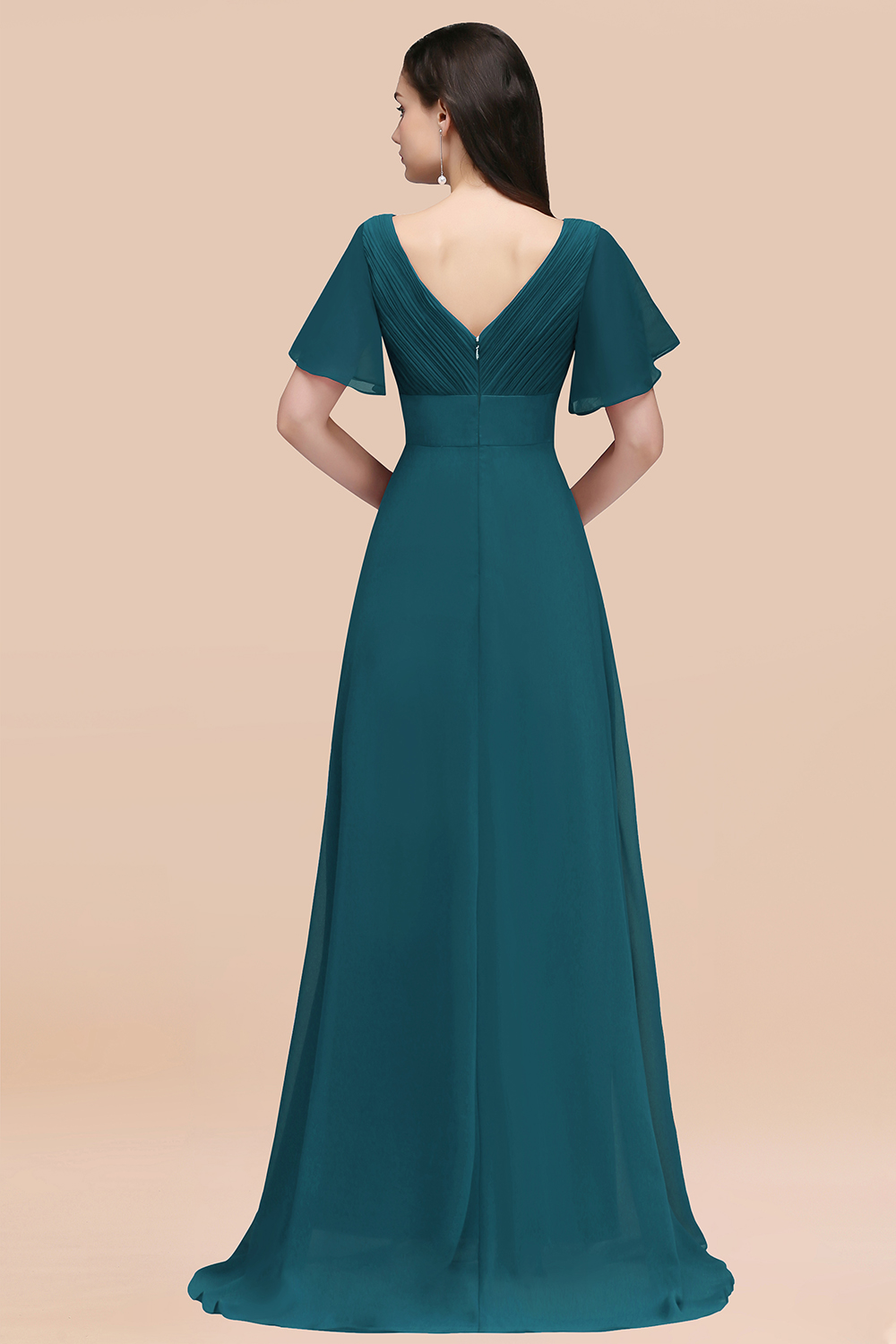 Simple A-Line Chiffon V-Neck Short-Sleeves Ruffles Floor-Length Bridesmaid Dresses