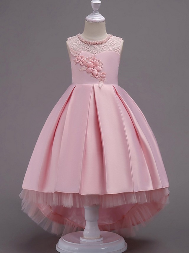 A-Line Asymmetrical Pageant Flower Girl Dresses - Satin Sleeveless Jewel Neck With Lace / Bow(S) / Beading