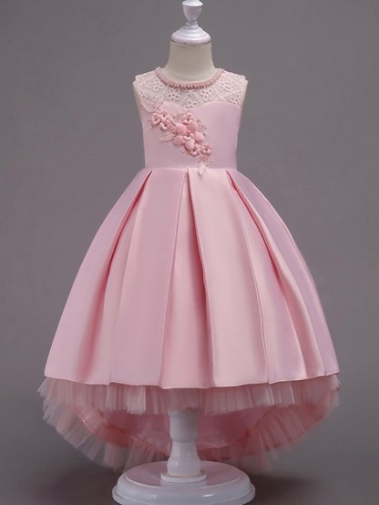 A-Line Asymmetrical Pageant Flower Girl Dresses - Satin Sleeveless Jewel Neck With Lace / Bow(S) / Beading