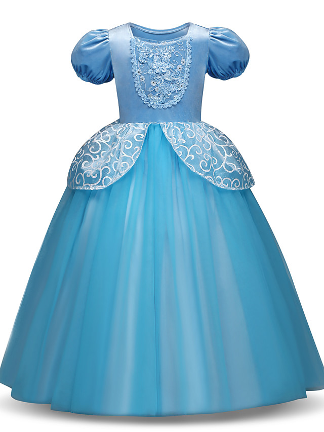 Princess Long Length Party / Birthday / Pageant Flower Girl Dresses - Tulle / Polyester Short Sleeve Jewel Neck With Tier / Appliques