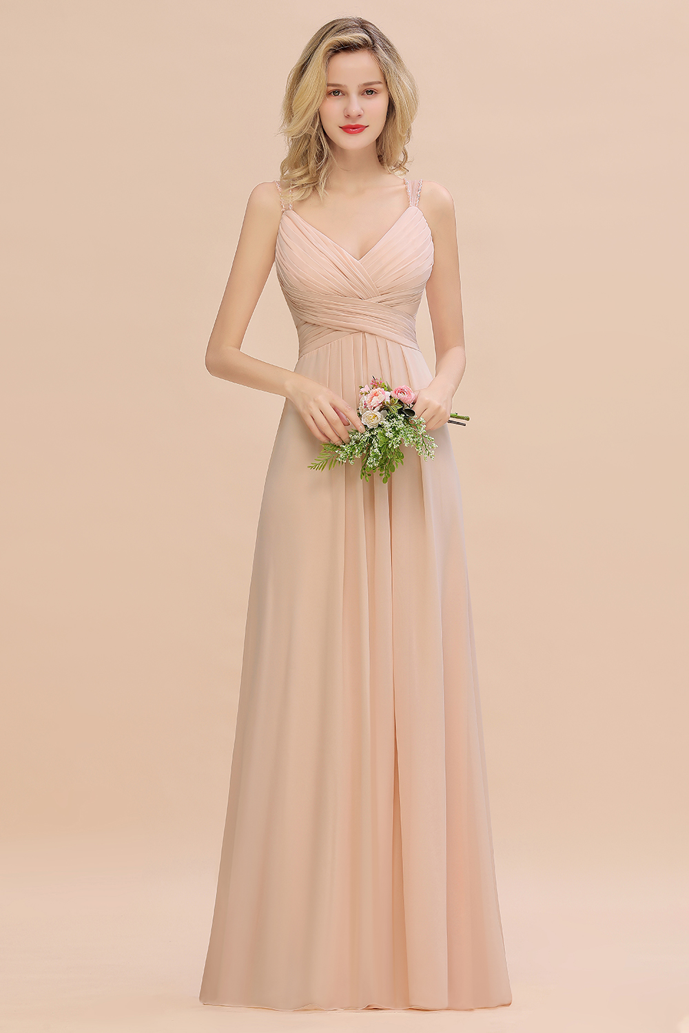 Long Spaghetti Straps V-neck A-Line Chiffon Floor-length Bridesmaid Dress With Ruffles