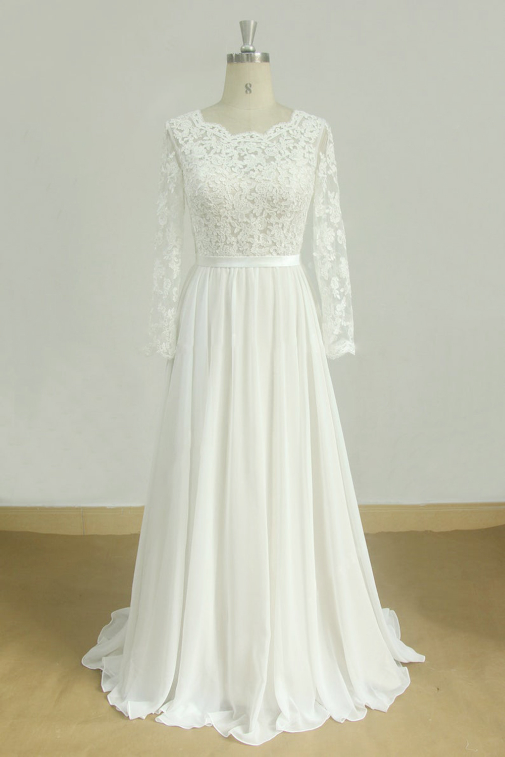 Long Sleeve A-line Lace Chiffon Tulle Wedding Dress