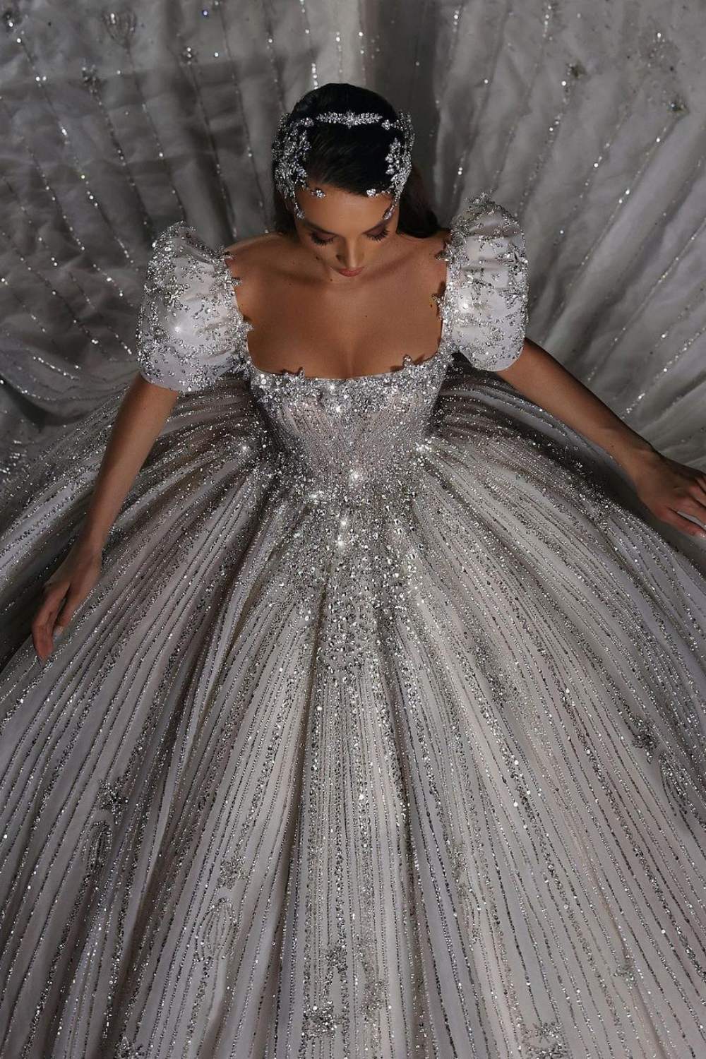 Gorgeous Long Ball Gown Square Neck Sequined Wedding Dresses with Short Sleeves