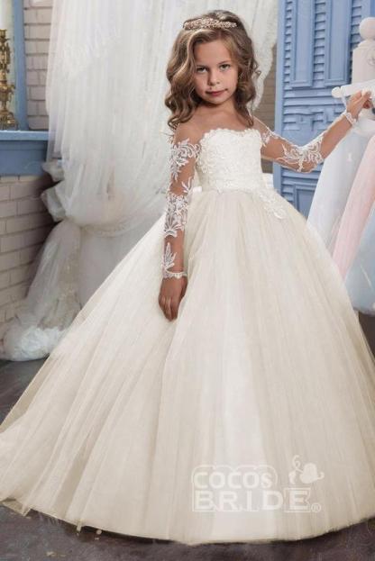 White Scoop Neck Long Sleeves Ball Gown Flower Girls Dress