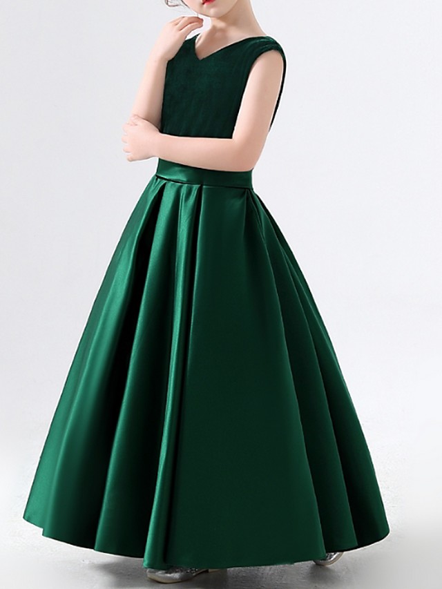 Dark Green Long A-line V-neck Satin Firl Party Dresses
