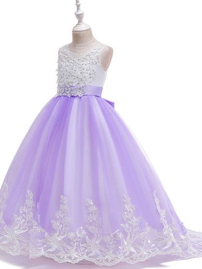 Long Ball Gown Tulle Sleeveless Jewel Neck Wedding Party Flower Girl Dresses With Bow