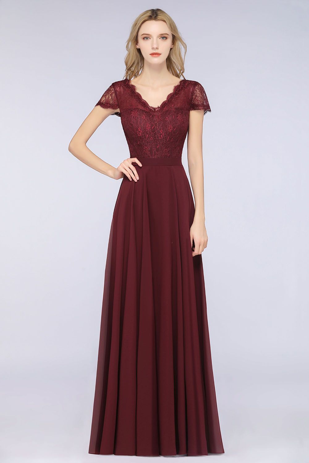 A-Line Chiffon Lace V-Neck Cap-Sleeves Floor-Length Bridesmaid Dress