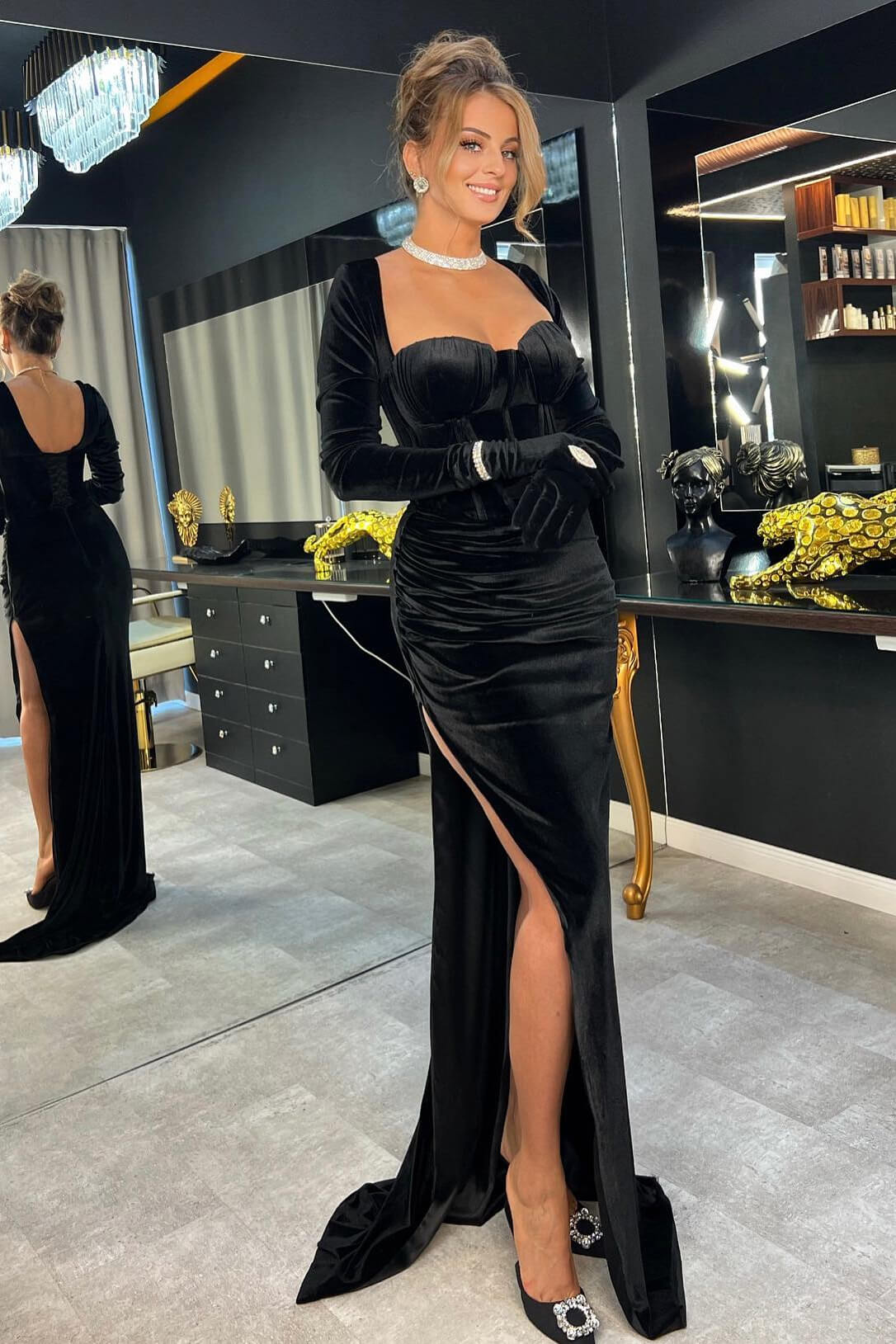 Long Sleeve Sweetheart Velvet Mermaid Black Formal Evening Dress with Slit