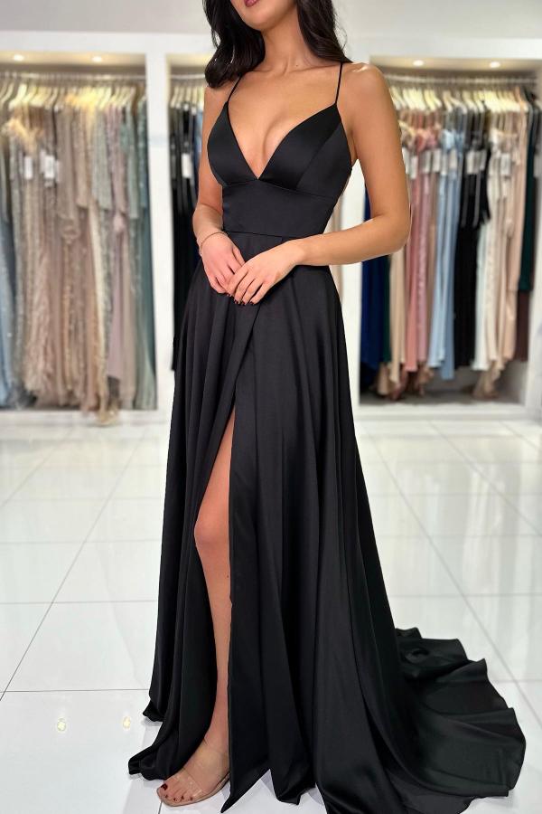 Black Long A-line V-neck Satin High Slit Backless Prom Dresses