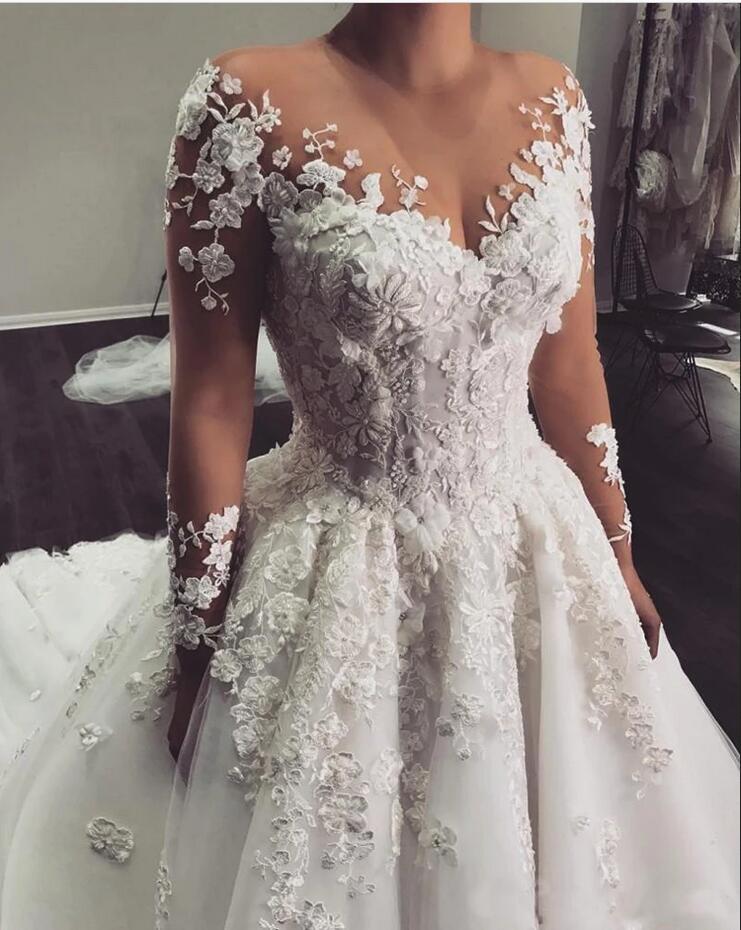 Elegant Bateau Long Sleeve Appliques Lace A-Line Floor-length Wedding Dress