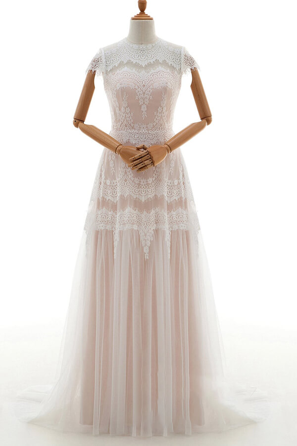 Long Tulle Sleek Cap Sleeves Lace A-line Wedding Dress