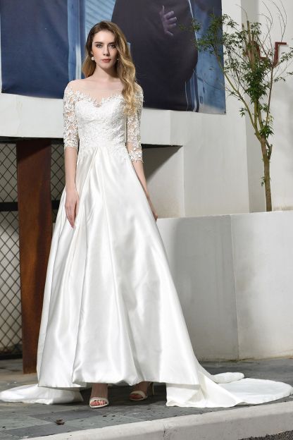 Long A-line Sweetheart Satin Lace Wedding Dresses with Half Sleeves