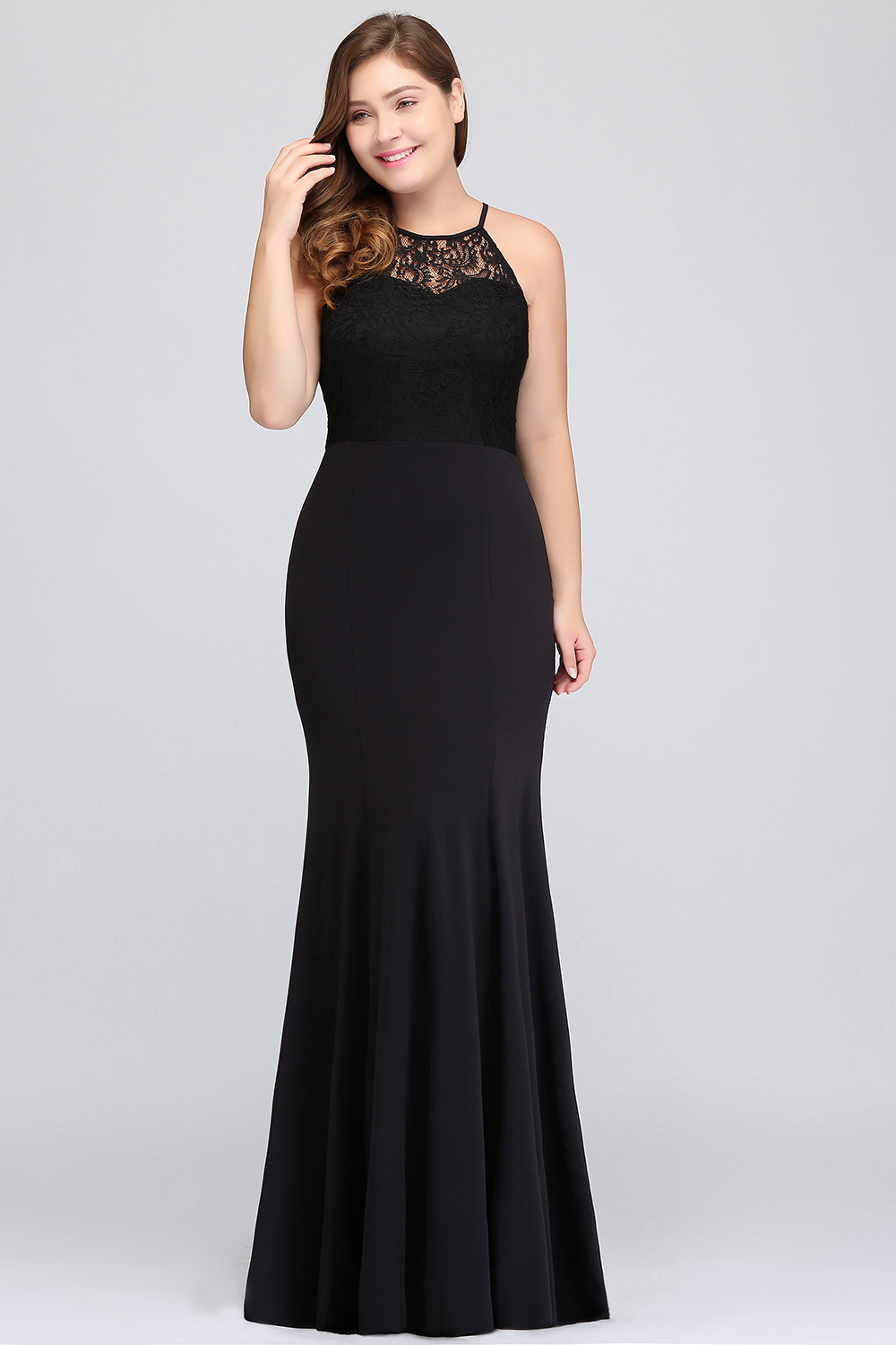 Plus Size Black Halter Spaghetti Straps Floor-length Ruffles Mermaid Prom Dress